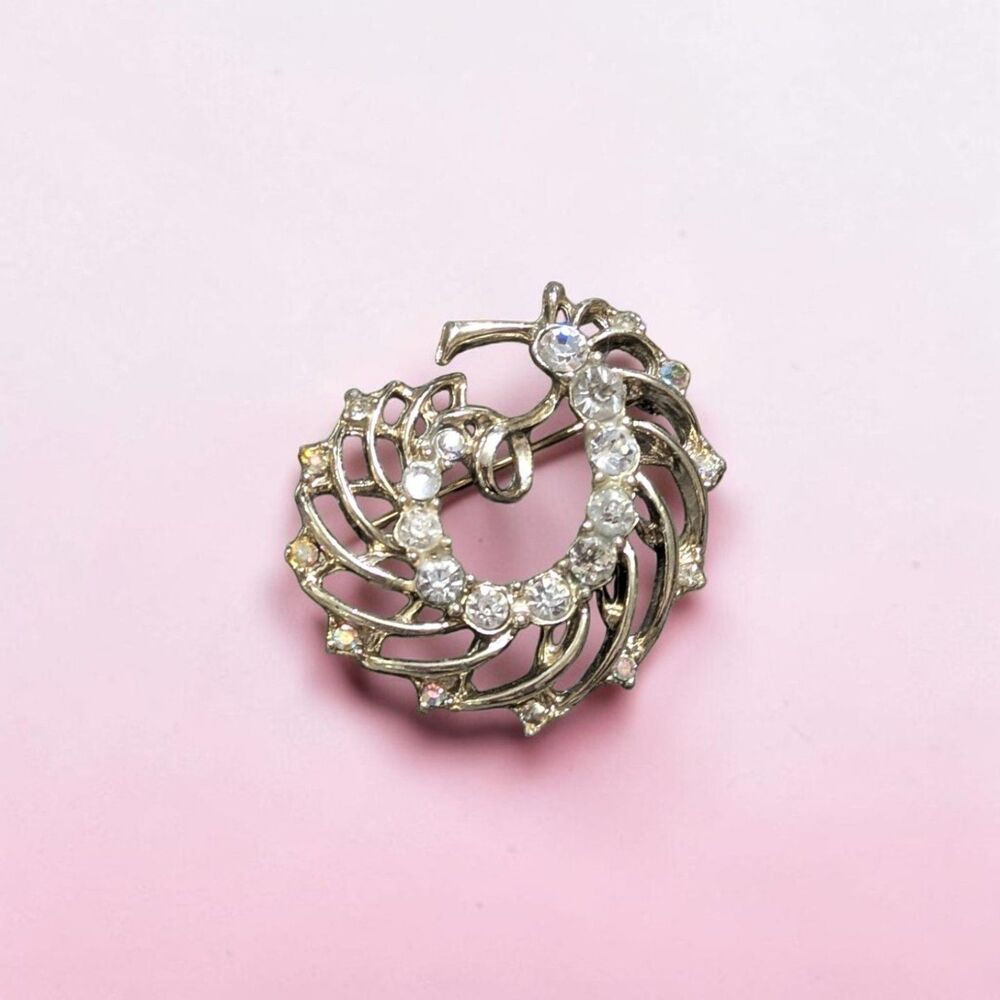 Vintage Rhinestone Swirl Brooch, Silver Tone Crystal Statement Pin, Art Deco